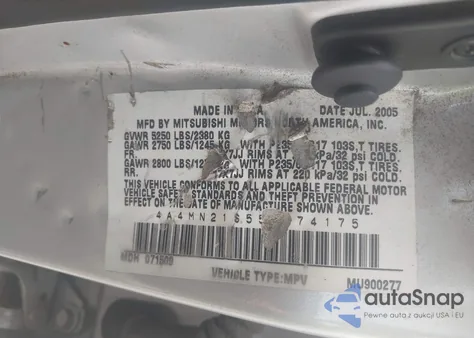 2005 Mitsubishi Endeavor Ls z USA, uszkodzony, nr VIN 4A4MN21S55E074175